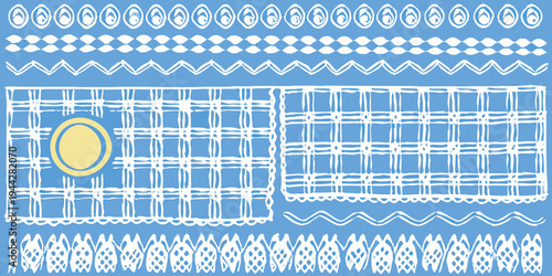 Blue and white patterned textile designs arranged in horizontal rows