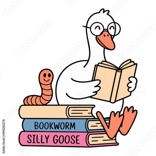 A cute cartoon illustration of a white goose reading a book while sitting on a stack of colorful books