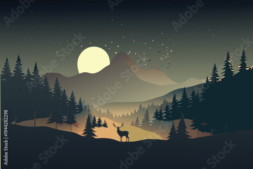 Deer in forest landscape at night with moon and stars vector illustration