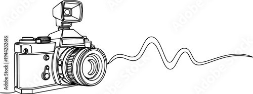 Continuous line drawing of a vintage camera with wavy tail
