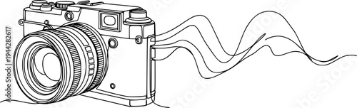 Continuous line drawing of a vintage camera with wavy tail
