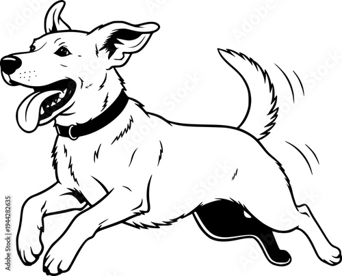 Happy playful white dog mid jump with tongue out, conveying joy and energy perfect for pet care ads and lifestyle promotions.
