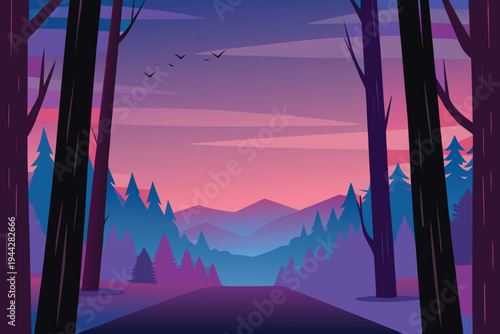 Forest Road at Dusk with Mountain Layers and Birds Flying  Illustration