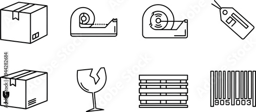 Outline icons for packaging and shipping, line art set with box, tape dispenser, fragile label, barcode, tag, e commerce, white background