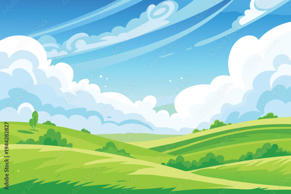Obraz premium Green Rolling Hills with Fluffy Clouds in Blue Sky Pastoral Landscape Illustration