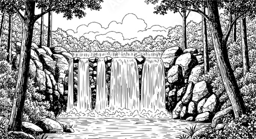 Detailed engraving of a lush forest waterfall with surrounding rocks and trees. Vector hand drawn illustration
