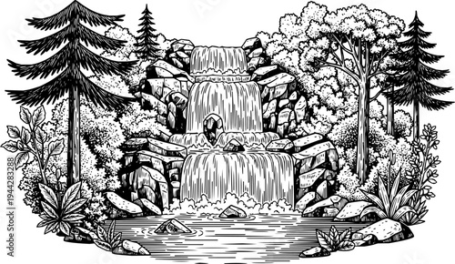 Detailed engraving of a lush forest waterfall with surrounding rocks and trees. Vector hand drawn illustration

