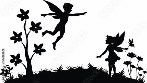 A whimsical vector illustration of two fairies in a floral landscape