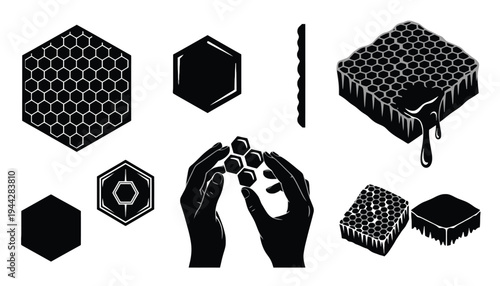 A honeycomb silhouette illustration set with various hexagonal shapes and hands