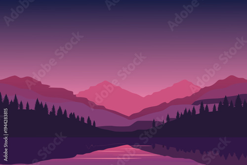 Minimalist Mountain Lake Landscape at Dusk with Purple Sky and Pine Trees Vector Art