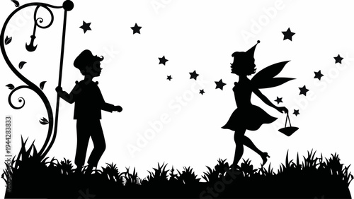 A whimsical vector illustration of a boy and fairy in a magical setting