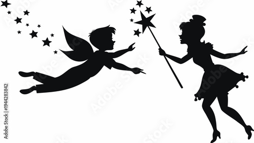A vector graphic illustration of a fairy and a child in silhouette