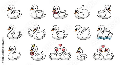 Cute vector set of cartoon white swans in varied poses and expressions. Features elegant, playful, sleeping, and loving birds, perfect for whimsical design and romantic illustrations