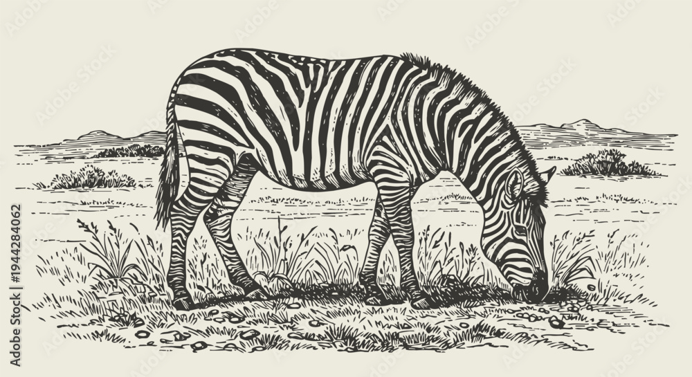 Obraz premium Zebra grazing in savannah landscape hand drawn african wild animal sketch with grass, hills, and natural wildlife scene