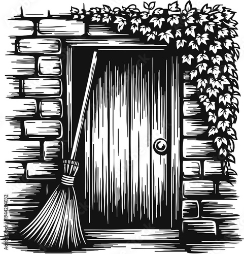 Old wooden door with broom leaning on rustic brick wall and ivy vine creeping around frame