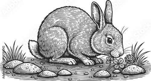 Detailed black and white illustration of a rabbit sniffing clover among stones and grass