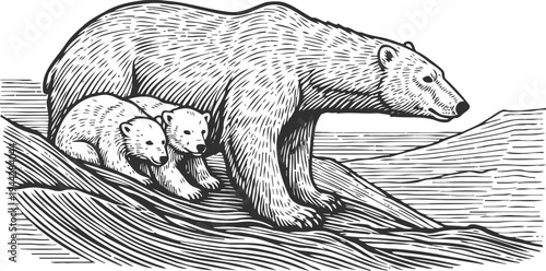 Mother bear with two cubs walking on rocky terrain in nature illustration