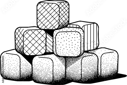 Pile of textured ice cubes with transparent background
