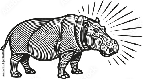 black and white hippo illustration with radiant lines, stylized animal drawing with detailed linework, vintage engraving