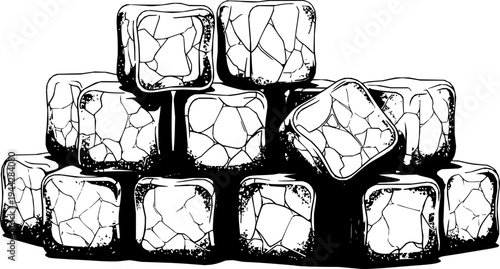 Pile of textured ice cubes with transparent background
