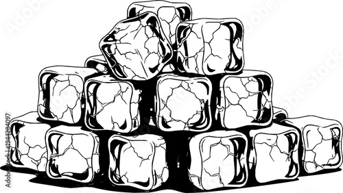 Pile of textured ice cubes with transparent background
