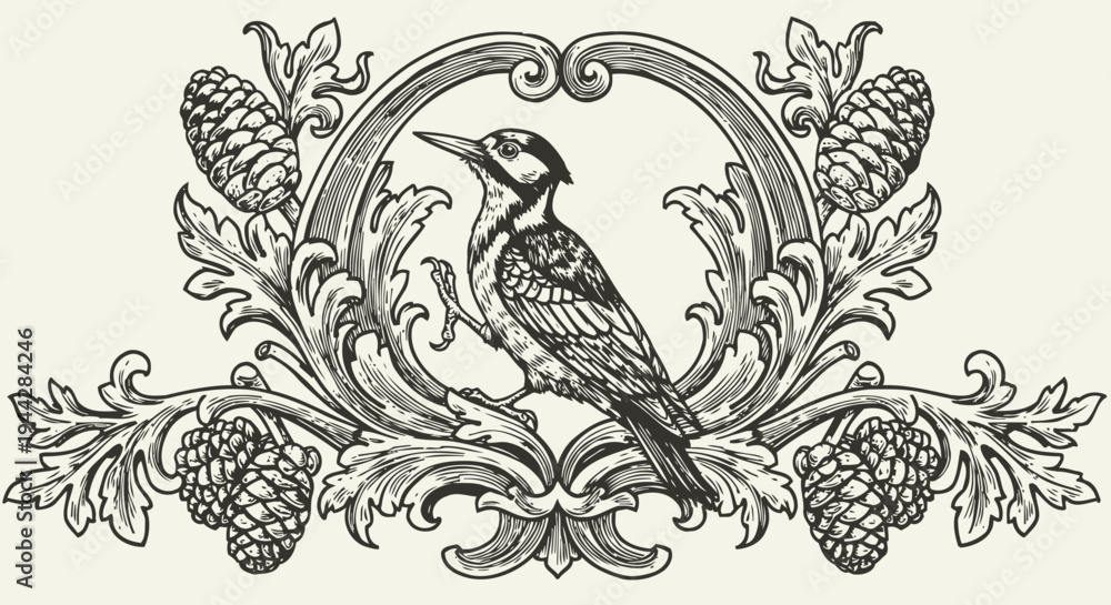Obraz premium Vintage ornamental design with a woodpecker bird and pinecone foliage in engraving