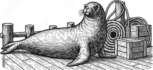 seal resting on wooden dock near fishing nets and crates, vintage engraved wildlife illustration
