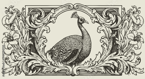 Vintage peacock illustration with ornate floral frame and baroque decorative elements