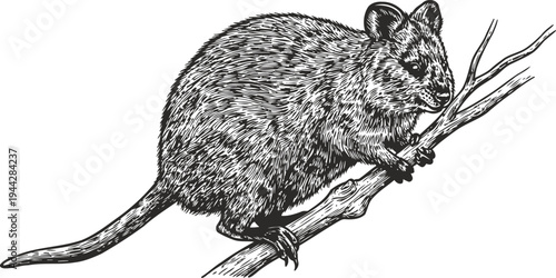 Detailed hand drawn illustration of a common brown rat climbing on a tree branch