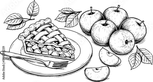 Hand-drawn sketch of a slice of apple pie next to fresh apples and leaves. Vector hand drawn illustration
