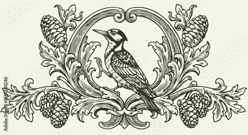 Vintage ornamental design with a woodpecker bird and pinecone foliage in engraving