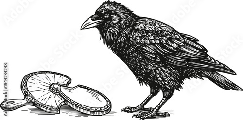 Black raven with split compass illustration vintage bird holding navigation, detailed feathers, mysterious guide concept