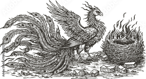 phoenix rising from ashes with detailed feathers and fiery nest, mythical bird symbolizing rebirth and immortality
