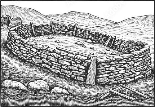 Ancient stone enclosure on grassy hill with mountains, wooden supports, and scattered rocks