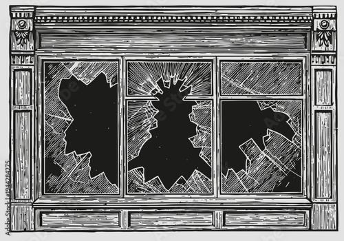 Broken window frame with shattered glass pieces in vintage engraving