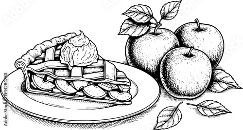 Hand-drawn sketch of a slice of apple pie next to fresh apples and leaves. Vector hand drawn illustration
