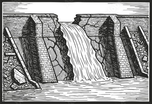 Broken dam with rushing water flowing through the cracked concrete structure and surrounding rocks