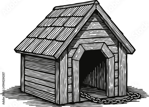 Wooden doghouse with shingled roof and chained entrance, vintage black and white sketch drawing
