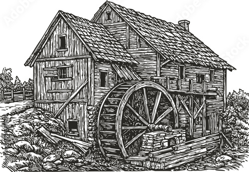 Vintage watermill in rustic landscape old wooden mill house with water wheel and stone foundation