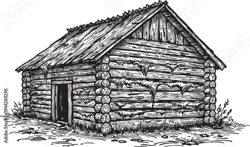 Rustic wooden log cabin with thatched roof, vintage hand drawn countryside house illustration