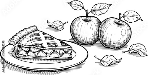 Hand-drawn sketch of a slice of apple pie next to fresh apples and leaves. Vector hand drawn illustration
