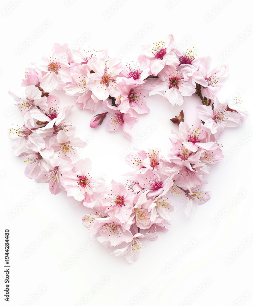 Obraz premium Heart shape made from pink cherry blossom flowers on white background, spring and love concept