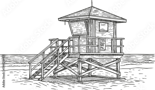 Lifeguard wooden tower on calm sandy beach coastal safety observation hut with stairs and railing