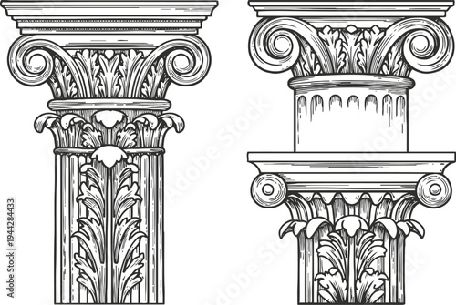 Classical corinthian column capitals with acanthus leaf ornament and volute scroll design