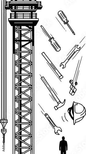 Industrial construction structure with tools falling from height representing safety hazards or construction accidents