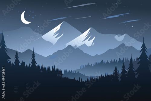 Moonlit Mountains and Pine Forest Landscape at Night Wide Scenic View  Illustration
