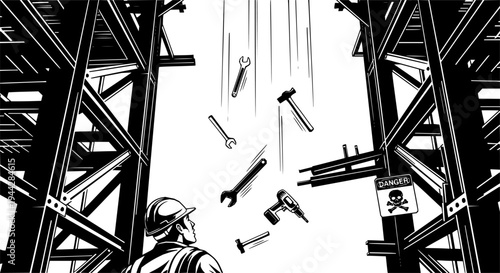 Industrial construction structure with tools falling from height representing safety hazards or construction accidents
