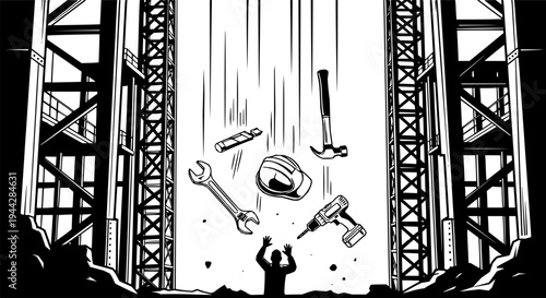 Industrial construction structure with tools falling from height representing safety hazards or construction accidents