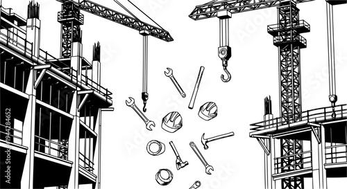 Industrial construction structure with tools falling from height representing safety hazards or construction accidents