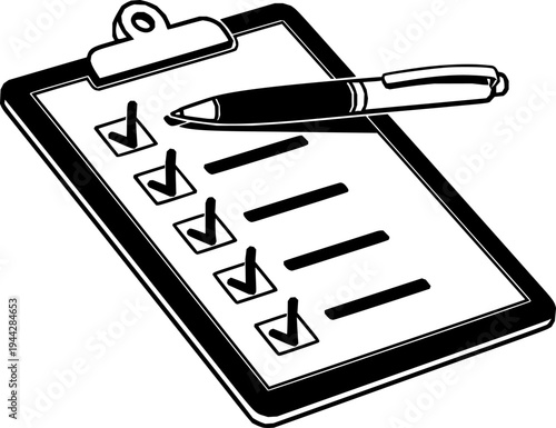 PNG completed checklist on clipboard with pen transparent